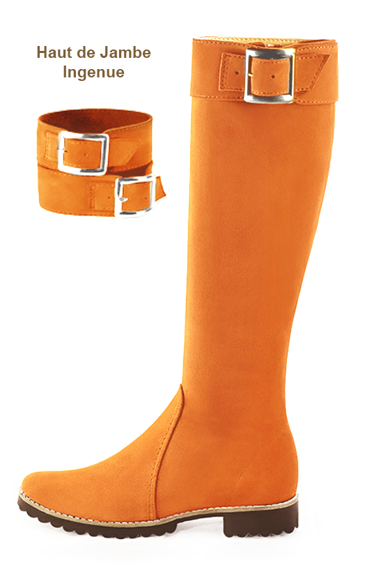 French elegance and refinement for these apricot orange riding knee-high boots, 
                available in many subtle leather and colour combinations. Record your foot and leg measurements.
We will adjust this pretty boot with zip to your measurements in height and width.
Its large, comfortable gum sole will isolate you from the ground.
You can customise the boot with your own materials, colours and heels on the "My Favourites" page.
To style your boots, accessories are available from the boots page. 
                Made to measure. Especially suited to thin or thick calves.
                Matching clutches for parties, ceremonies and weddings.   
                You can customize these knee-high boots to perfectly match your tastes or needs, and have a unique model.  
                Choice of leathers, colours, knots and heels. 
                Wide range of materials and shades carefully chosen.  
                Rich collection of flat, low, mid and high heels.  
                Small and large shoe sizes - Florence KOOIJMAN